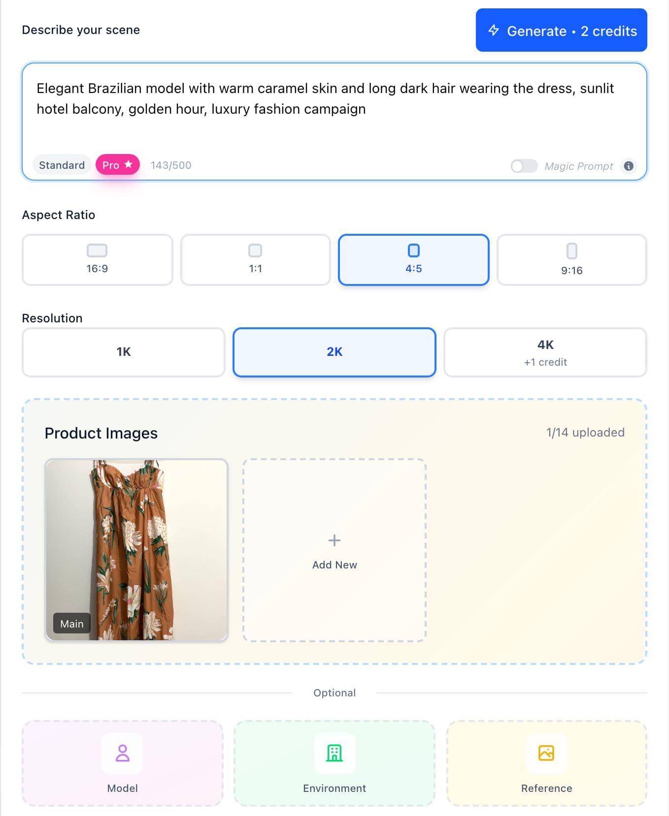 Close-up of the Campaign Creator prompt, model, and product reference controls