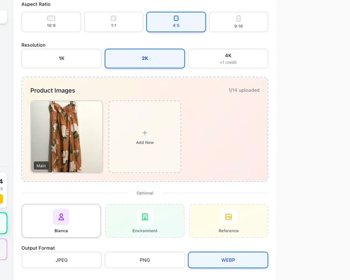 Close-up of the E-Commerce Creator aspect ratio and WebP output controls