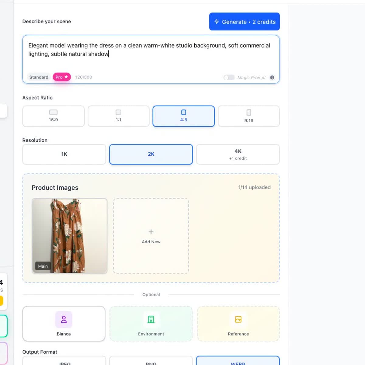 Close-up of the E-Commerce Creator prompt, aspect ratio, references, and model controls