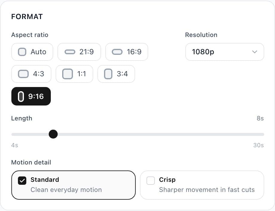 Painel Formato do Video Pro com proporções, 1080p, 8 segundos e movimento Standard