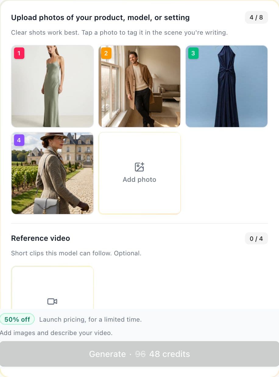 Grade de upload do Video Pro com quatro referências de moda numeradas e o slot Adicionar foto