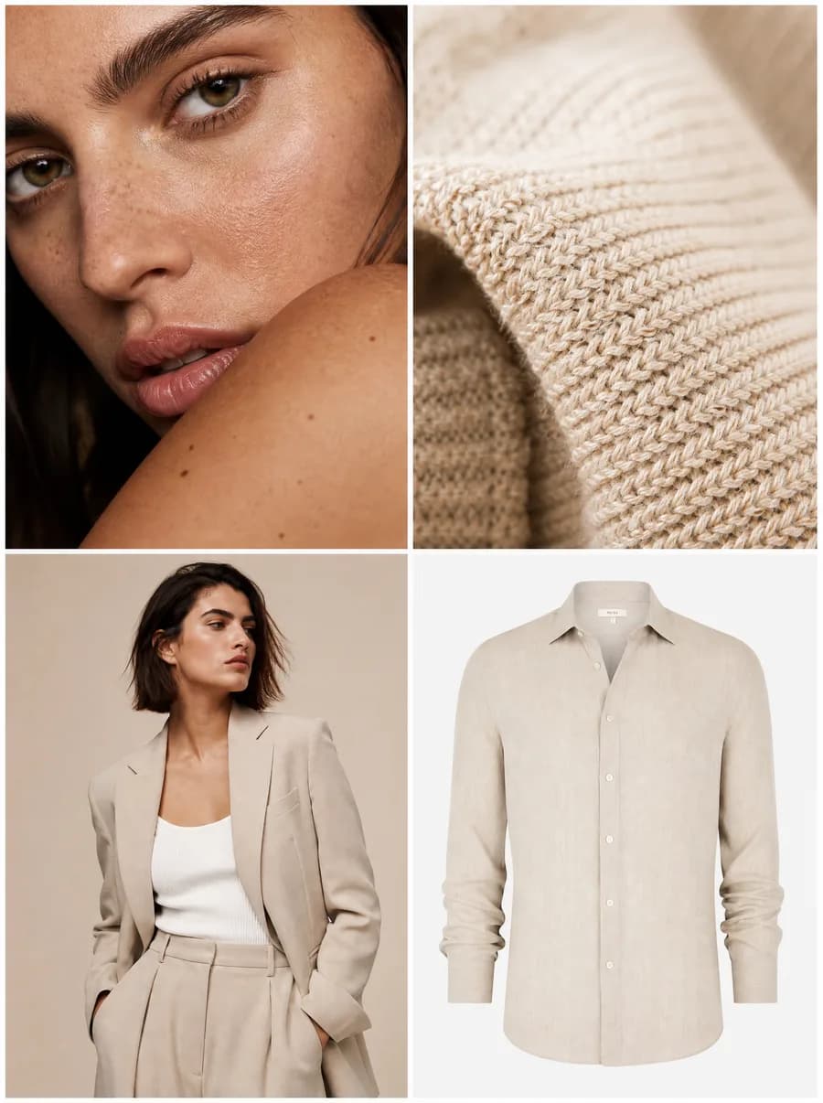 Exemplos em close de campanhas de moda e fotografia de produto com IA
