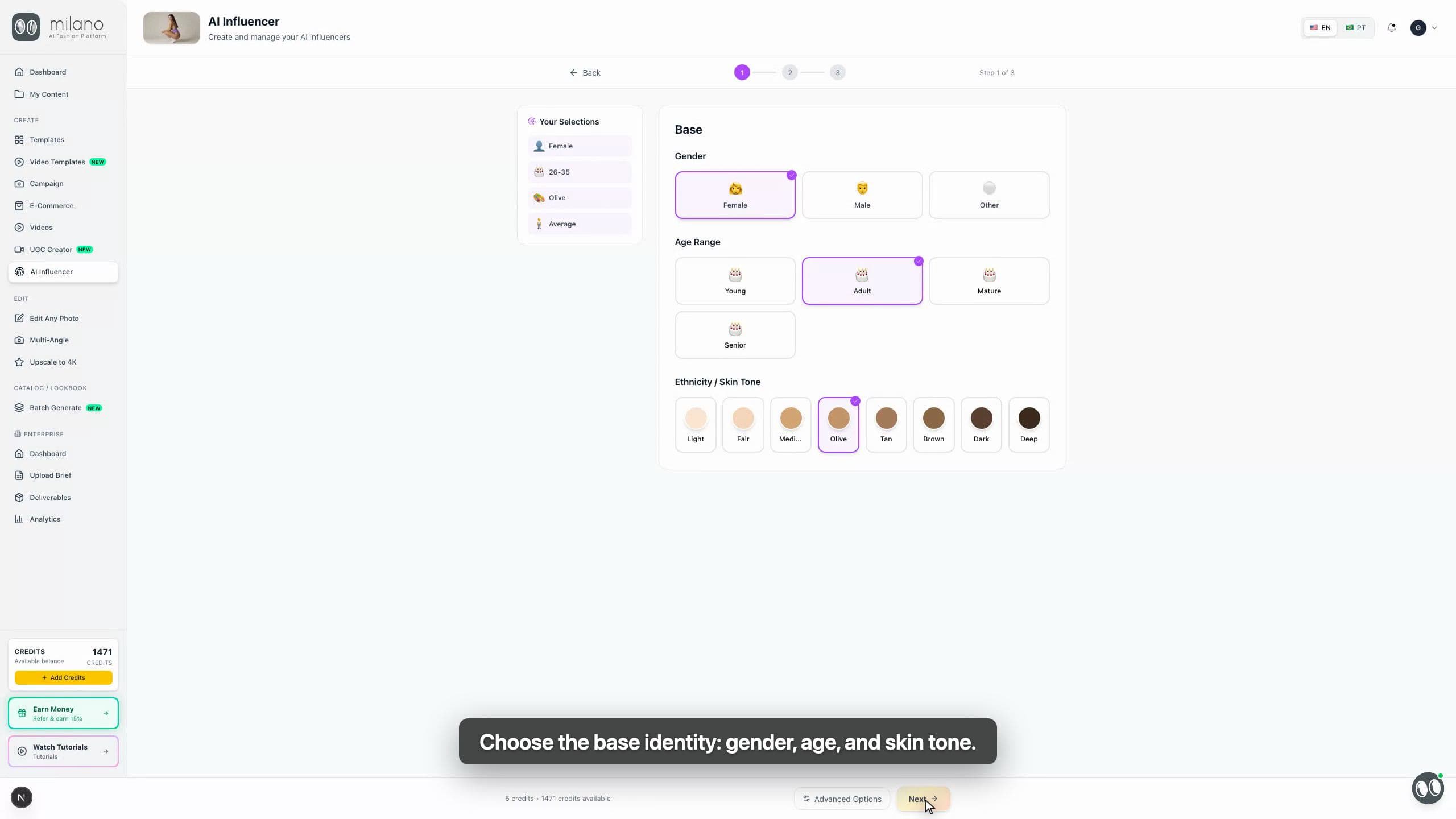 AI Influencer base identity selections for gender, age, and skin tone