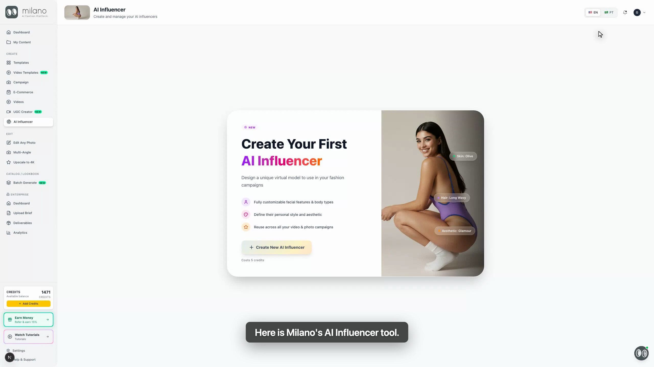 AI Influencer first-time dashboard in Milano AI