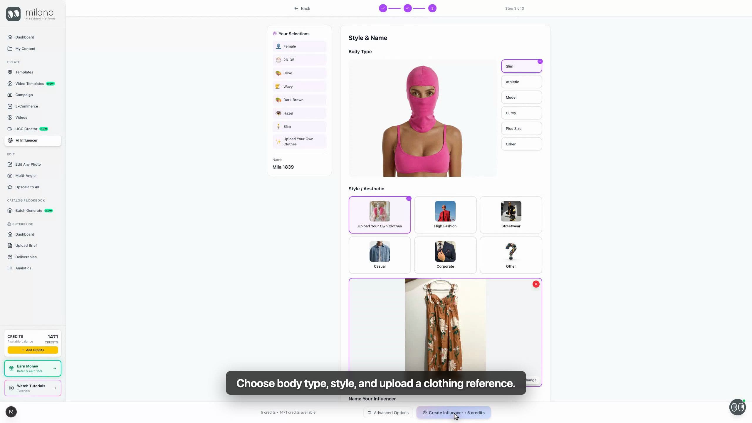 AI Influencer style step with clothing upload and name field
