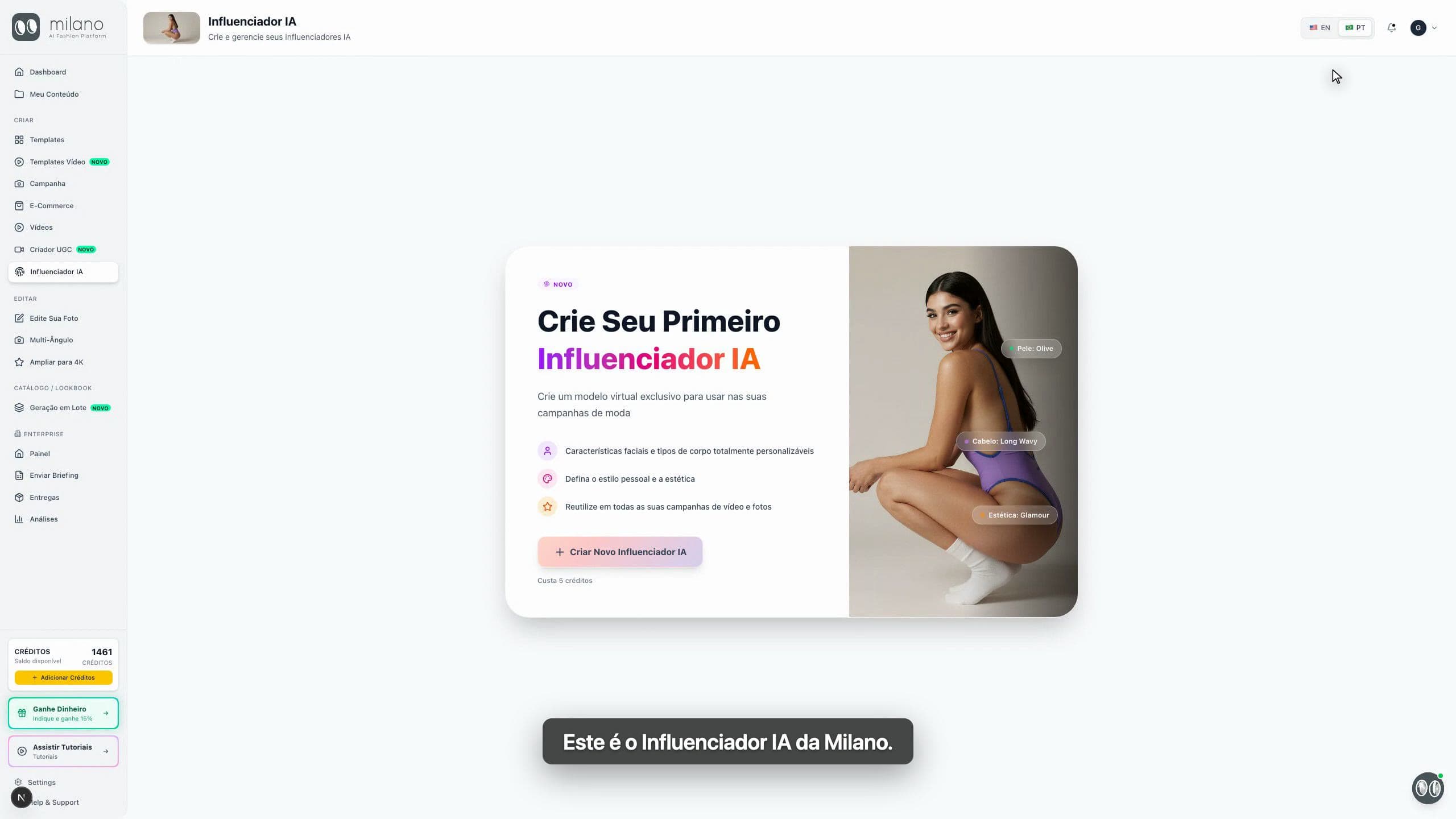 Tela inicial do Influenciador IA na Milano AI