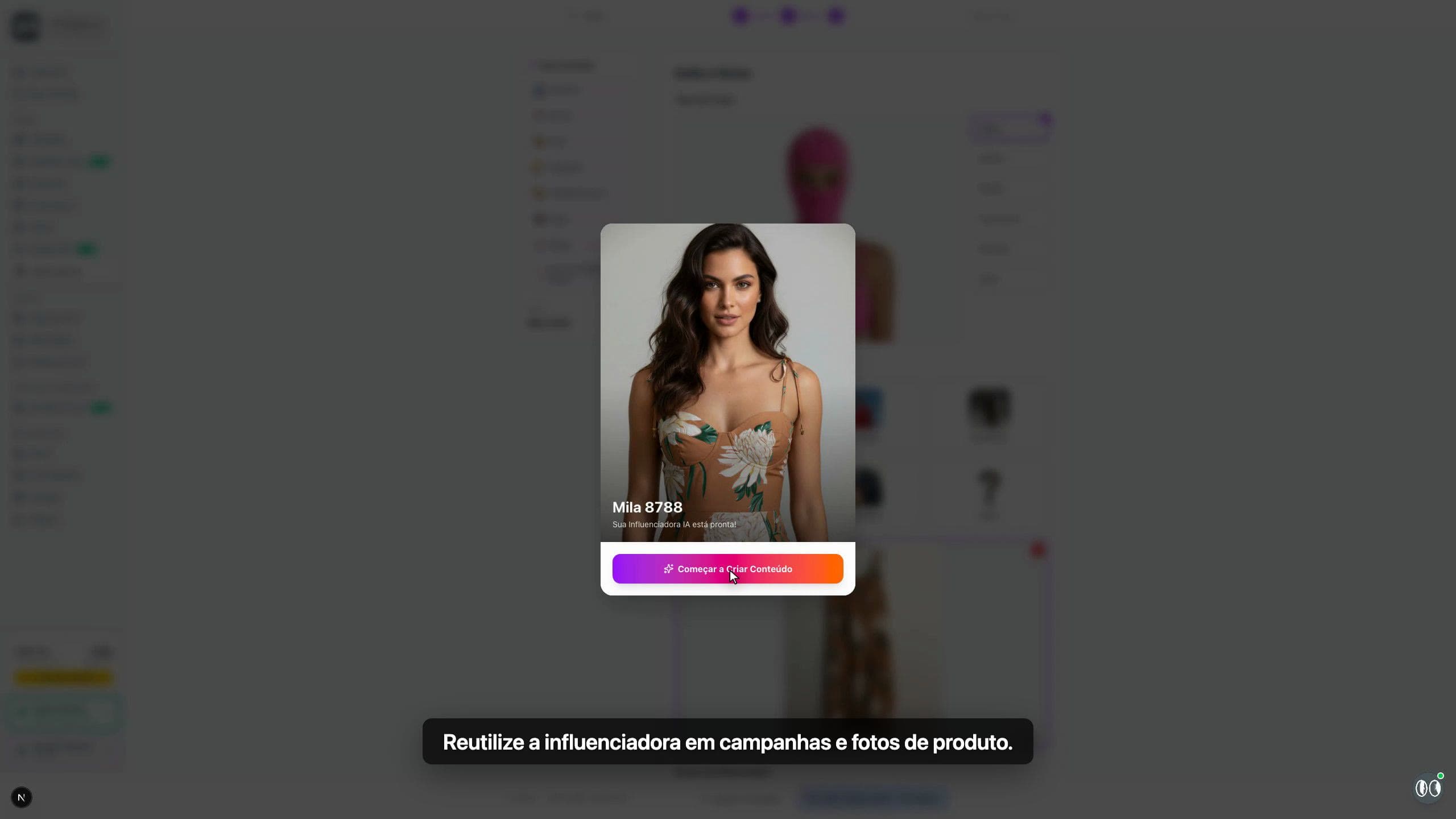 Modal com o resultado da Influenciadora IA gerada na Milano AI