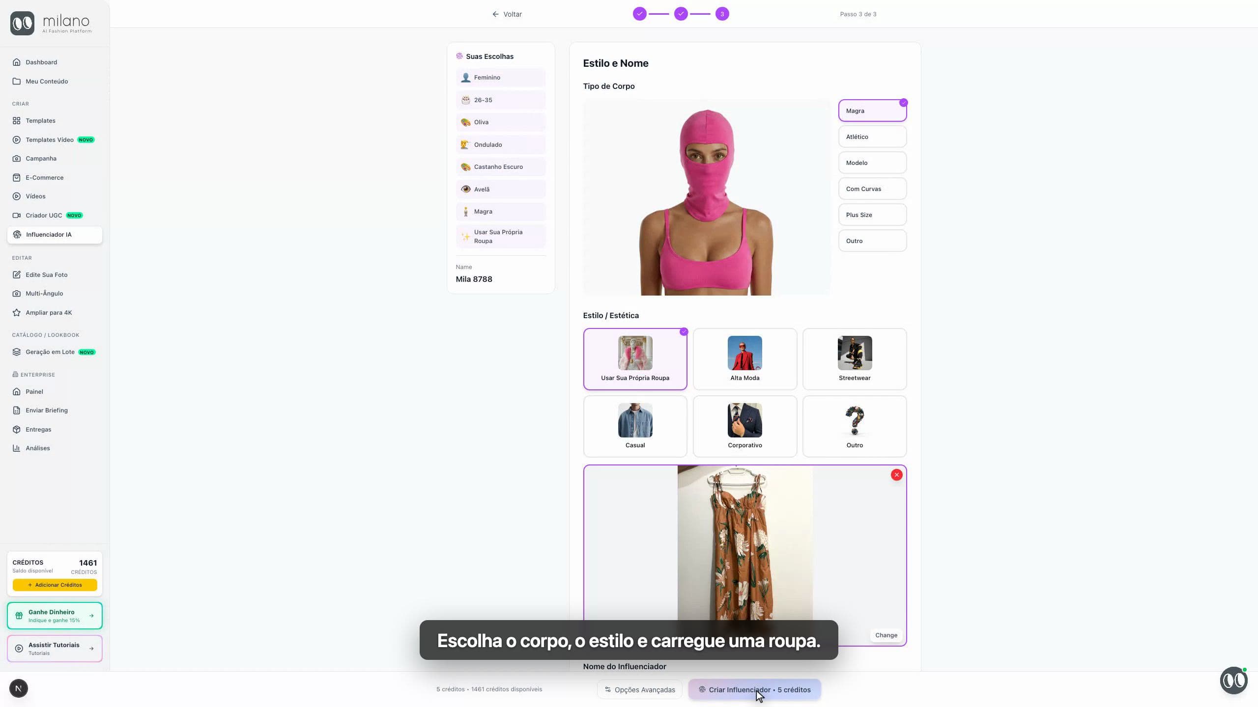 Etapa de estilo do Influenciador IA com upload de roupa e campo de nome