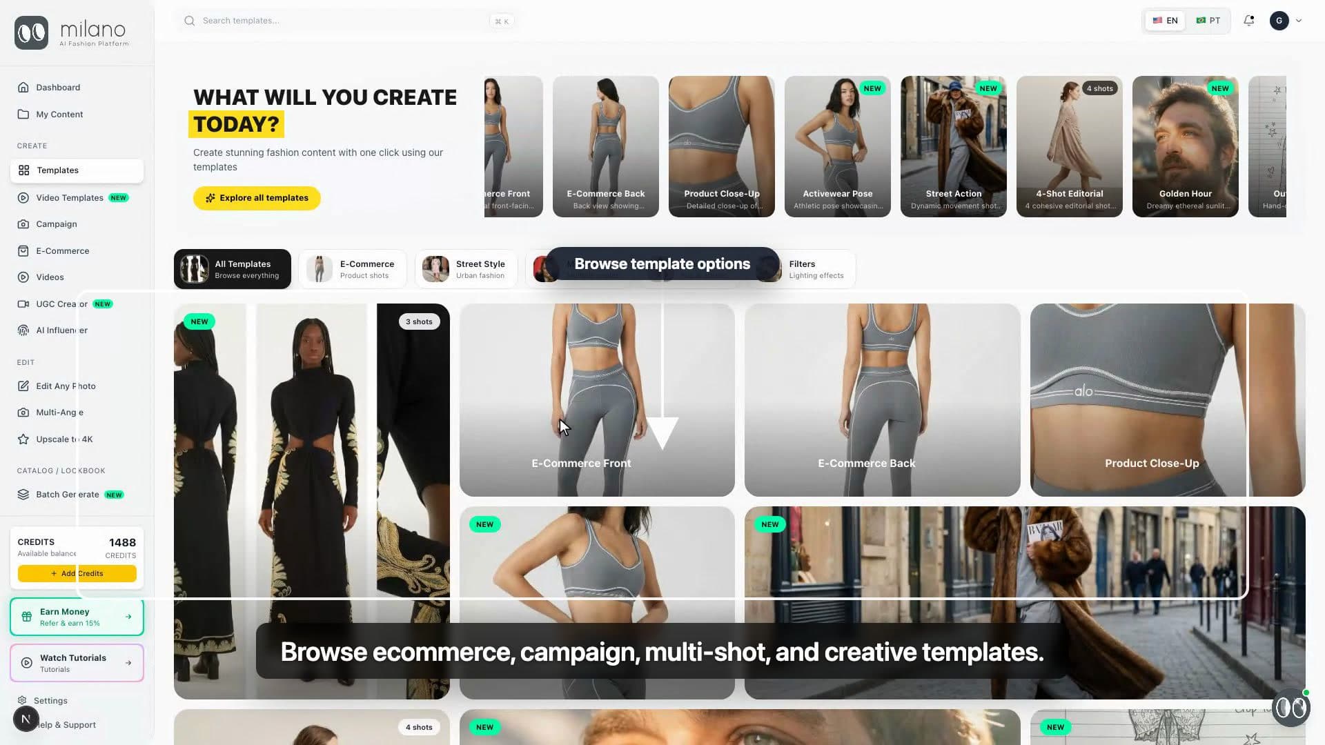 Close-up of the Milano AI Templates page showing different template options
