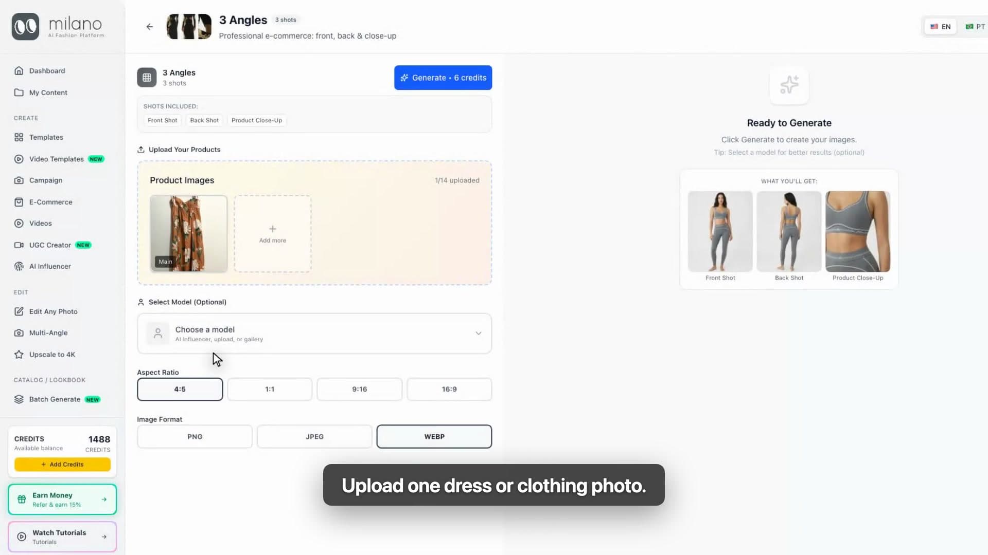 Close-up of the 3 Angles template upload and format controls