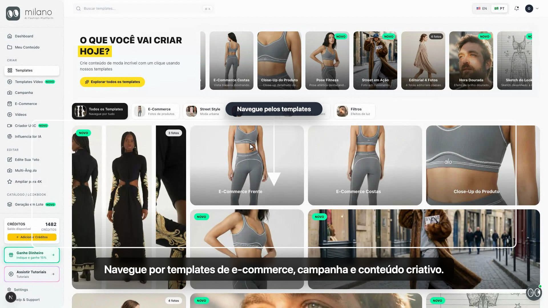 Close-up da página de Templates da Milano AI com diferentes opções