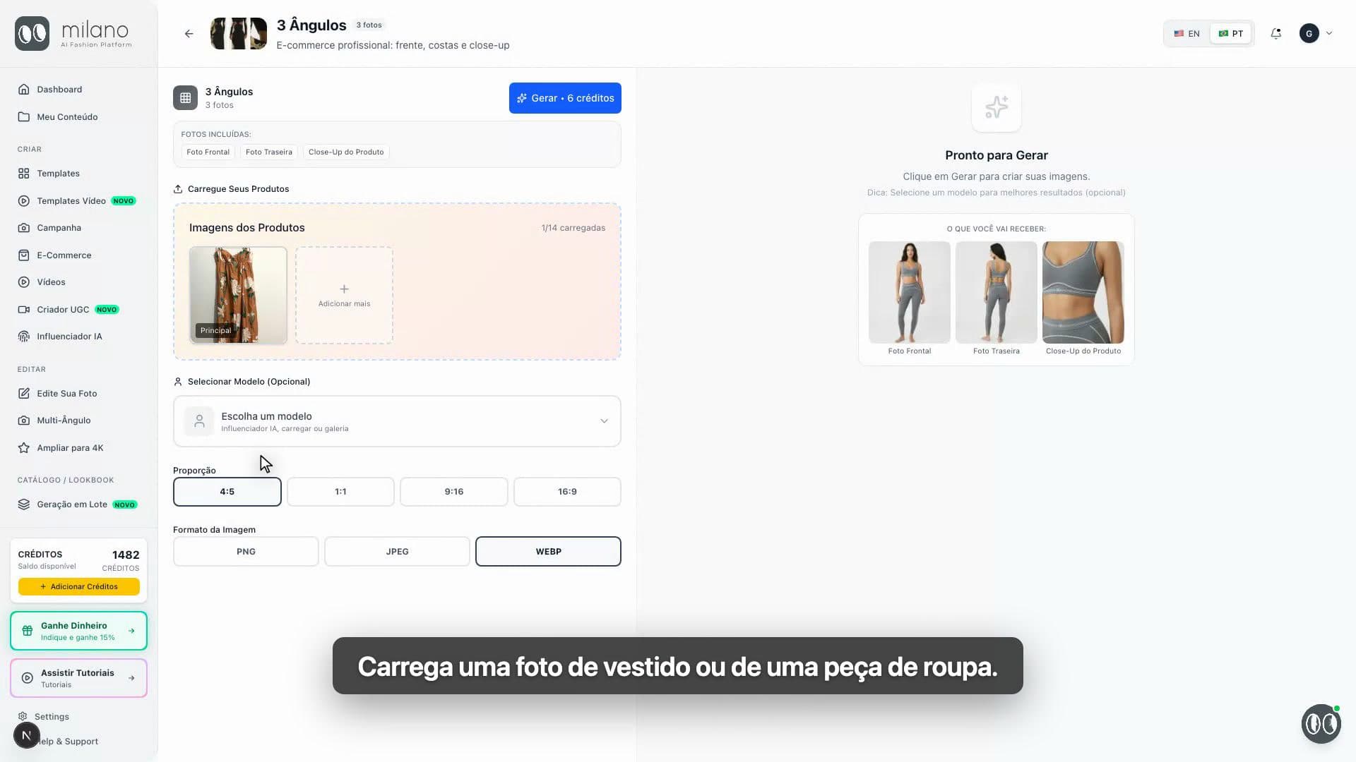 Close-up do upload e controles de formato no template 3 Angles